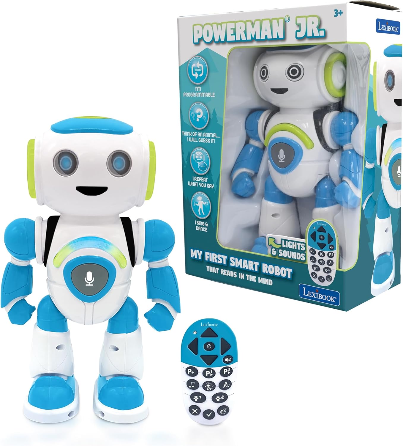 LEXiBOOK - Powerman Jr. Smart Interactive Toy Robot That Reads in The Mind Toy for Kids Dancing Plays Music Animal Quiz STEM Programmable Remote Control Boy Robot Junior Green/Blue - ROB20EN